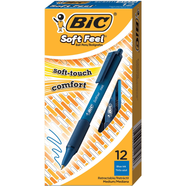 BIC Soft Feel Ballpoint Retractable Pens, Blue, Medium 1.0 mm, 12/BX