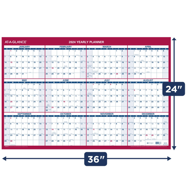 AT-A-GLANCE PM12-28 24 in. x 36 in. 12-Month 2024 Yearly Wall Calendar -  White Sheets 
