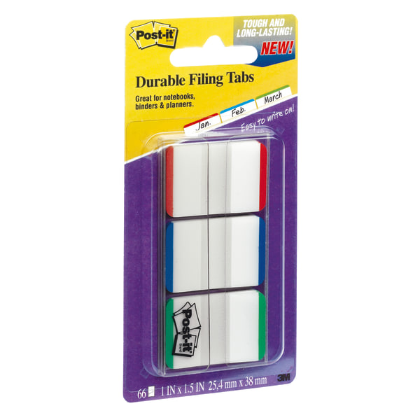 Post-It Durable File Tabs, Solid, Assorted Primary Colors, 3 x 1.5 - 24 count