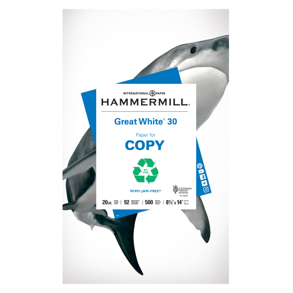 Hammermill Copy Plus Print Paper, 92 Bright, 3-Hole, 20 lb Bond Weight, 8.5  x 11, White, 500/Ream