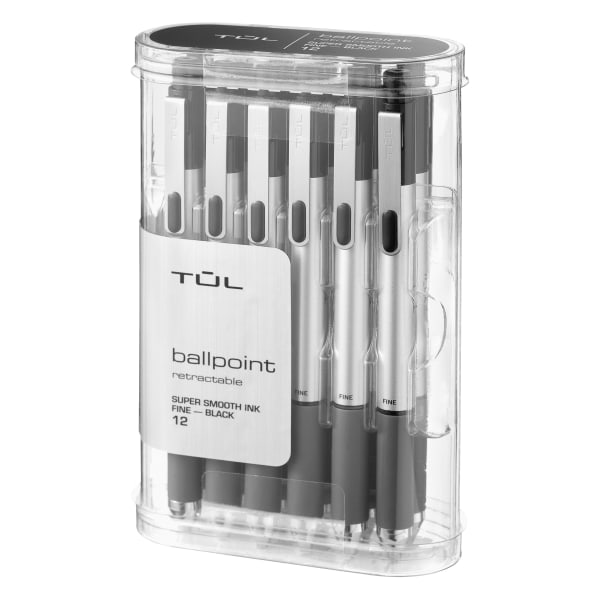 TUL® BP Series Retractable Ballpoint Pens, Fine Point, 0.8 mm, Silver  Barrel, Black Ink, Pack Of 12 Pens - Zerbee