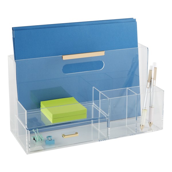 Realspace® Vayla Acrylic Desk Caddy With Drawer, 6-7/8”H x 12-1/2”W x  5-3/8”D, Clear/Gold - Zerbee