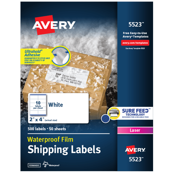 Avery® Waterproof Address Labels With Ultrahold®, 5520, Rectangle, 1" x  2-5/8", White, 1,500 Labels For Laser Printers Zerbee