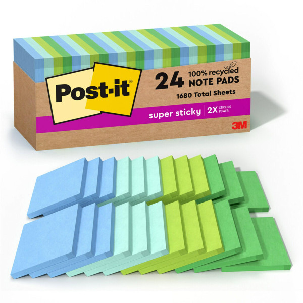 100% Recycled Paper Super Sticky Notes, 3 x 3, Oasis, 70 Sheets/Pad, 5  Pads/Pack