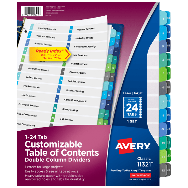 Customizable TOC Ready Index Double Column Multicolor Tab Dividers, 24-Tab, 1 to 24, 11 x 8.5, White, 1 Set