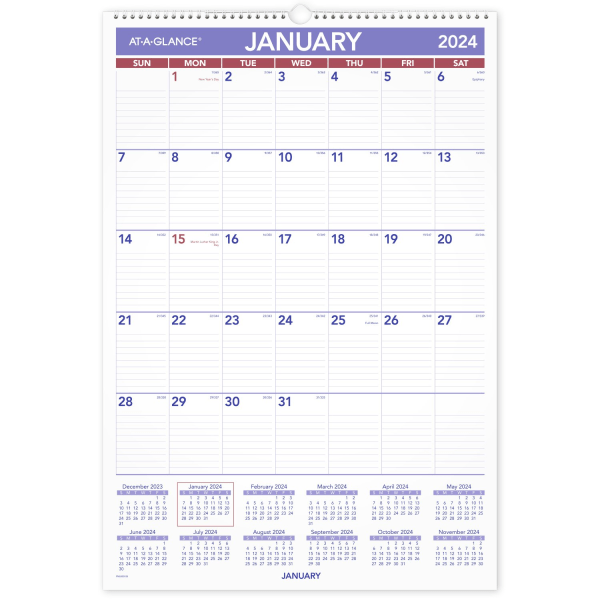 AT-A-GLANCE PM12-28 24 in. x 36 in. 12-Month 2024 Yearly Wall Calendar -  White Sheets 