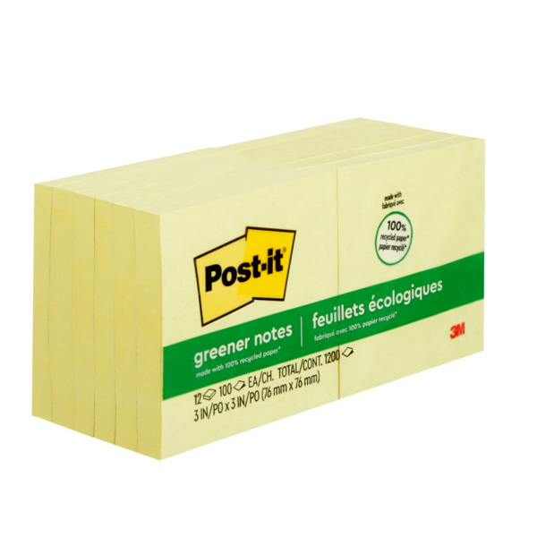 Post-it Greener Notes Recycled Note Pads, Canary Yellow - 12 pads