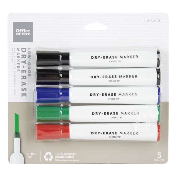 100% Recycled Low-Odor Dry-Erase Markers, Chisel Point, Assorted, Pack Of 5 738726