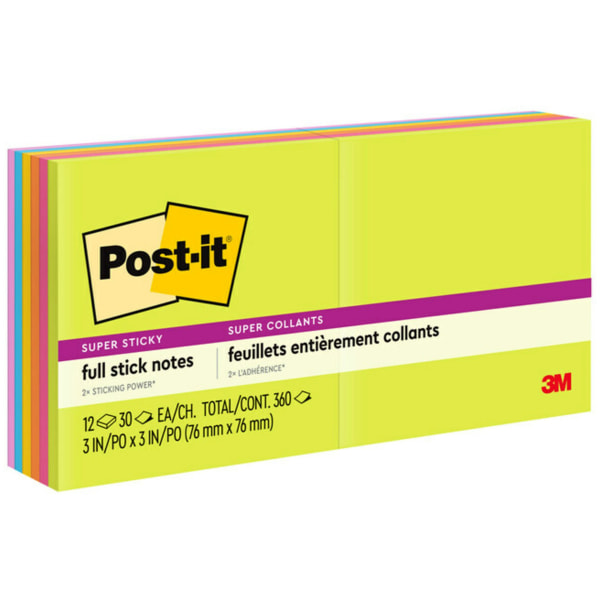 Post-it Super Sticky Notes, 3 in x 3 in, 12 Pads, 30 Sheets/Pad