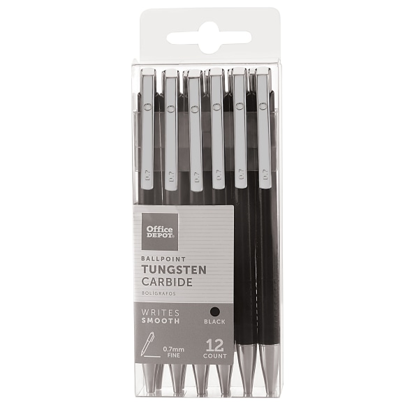 FORAY&reg; Tungsten Carbide Retractable Ballpoint Pens, Medium Point, 0.7 mm, Black Barrel, Black Ink, Pack Of 12 Pens 775688