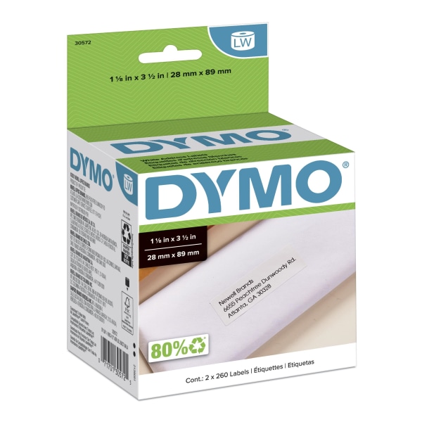 LabelWriter Address Labels, 1 1/8 x 3 1/2, White, 260 Labels/Roll, 2 Rolls/Pack DYM30572