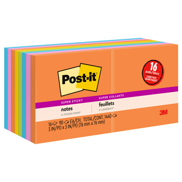 Post it Super Sticky Notes 3 in x 3 in 15 Pads 45 SheetsPad 2x the
