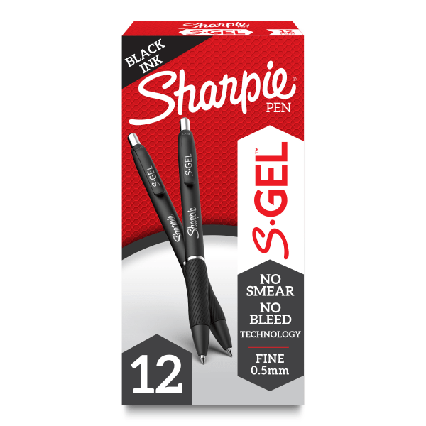 Sharpie S-Gel Retractable Gel Pen Fine 0.5 mm, Black Ink, Black Barrel, Dozen