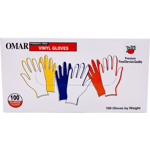 Omar Disposable Powder-Free Vinyl General-Purpose Gloves, Extra Large, Clear, 100 Gloves Per Box 8069264