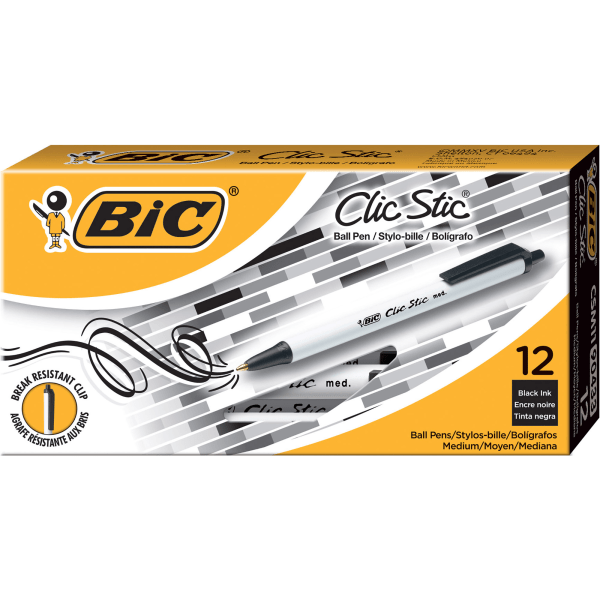BIC Clic Stic Retractable Ballpoint Pens, Medium Point, 1.0 mm, White  Barrel, Black Ink, Pack Of 12 - Zerbee