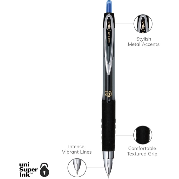 uni-ball® 207™ Retractable Fraud Prevention Gel Pens, Micro Point, 0.5 mm,  Black Barrels, Blue Ink, Pack Of 12 - Zerbee