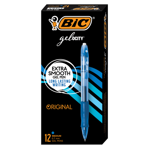 BIC Gelocity Original Long Lasting Retractable Gel Pens, Medium Point, 0.7  mm, Blue Barrel, Blue Ink, Pack Of 12