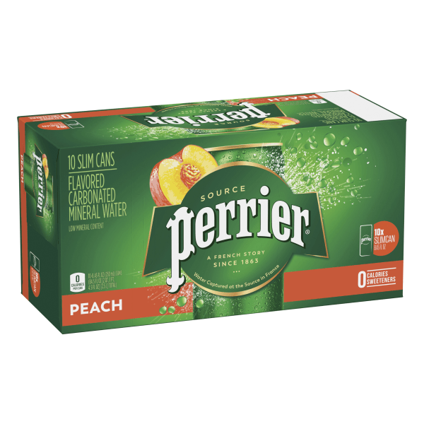 Perrier Sparkling Mineral Water, Peach, 8.45 Oz, Pack Of 10 Bottles 8926454