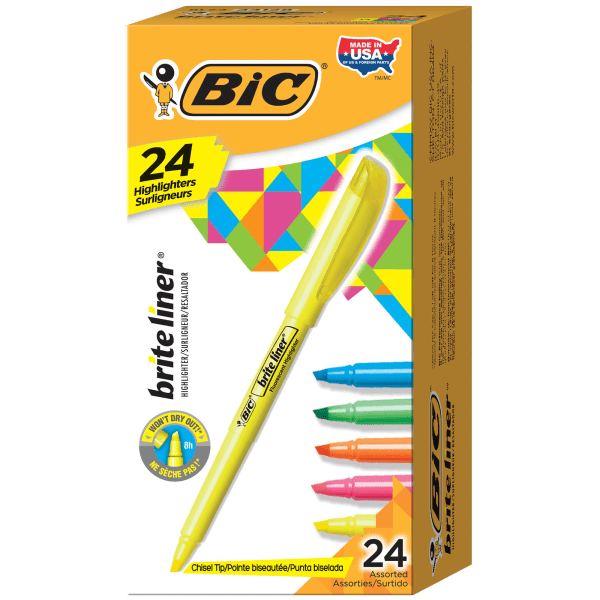 BIC Brite Liner Highlighters Pocket Style, Chisel Tip, Assorted, Box Of 24  - Zerbee
