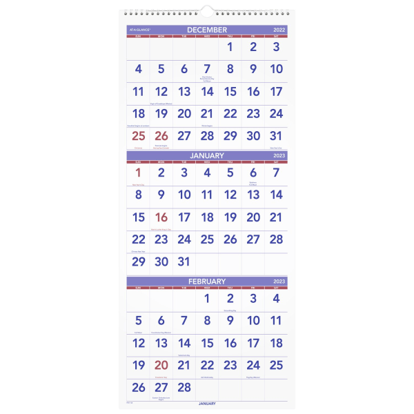 AT-A-GLANCE Three Month 2023 RY Reference Vertical Wall Calendar, Large,  12" x 27" - Zerbee