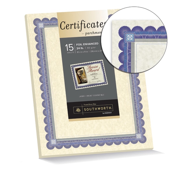 Southworth® Foil Enhanced Preprinted Certificate Refills, 8 1/2 x 11,  Ivory/Silver/Blue, Pack Of 15 - Zerbee