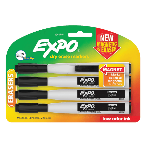 EXPO® Magnetic Dry Erase Markers With Eraser, Fine Tip, Black Ink, Pack Of  4 - Zerbee