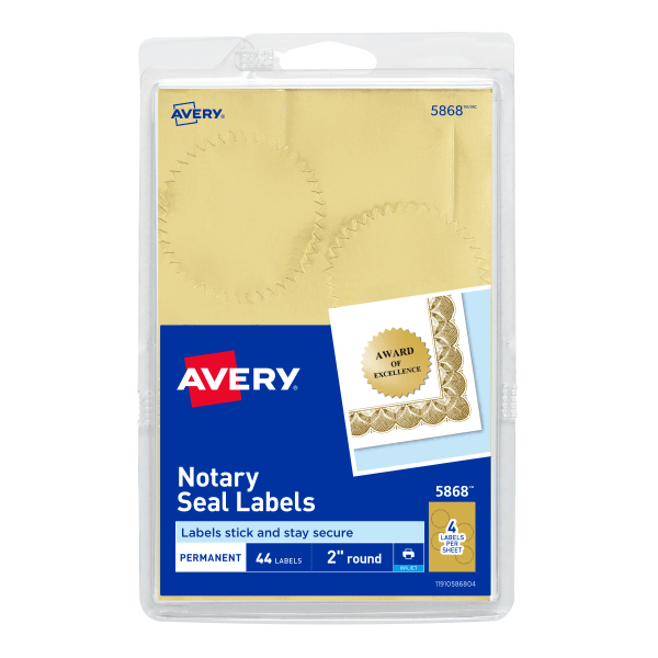 Avery® Printable Notary Seal Labels For Inkjet Printers, 5868, Burst, 2" Diameter, Gold, Of 44 Certificate Seals - Zerbee