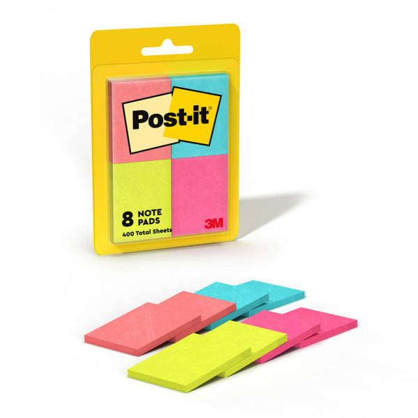 Post-it&reg; Adhesive Note - 100 x Pink, 100 x Green, 100 x Yellow, 100 x Orange - 1.50" x 2" - Rectangle - Ultra Assorted - 8 / Pack MMM6538AF