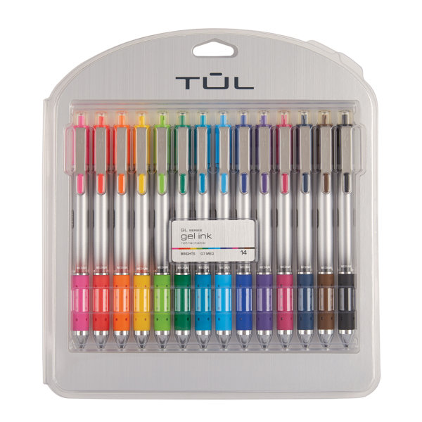 TUL® GL Series Retractable Gel Pens, Medium Point, 0.7 mm, Silver Barrel,  Assorted Standard & Bright Ink Colors, Pack Of 14 Pens - Zerbee