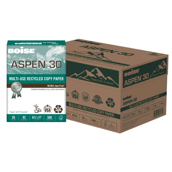 Boise® ASPEN® 30 Multi-Use Printer & Copier Paper, Letter Size (8 1/2 x  11), 5000 Total Sheets, 92 (U.S.) Brightness, 20 Lb, 30% Recycled, FSC®  Certified, White, 500 Sheets Per Ream, Case Of 10 Reams - Zerbee