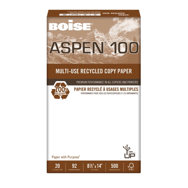 Boise&reg; ASPEN&reg; 100 Multi-Use Print &amp; Copy Paper, Legal Size (8 1/2&quot; x 14&quot;), 92 (U.S.) Brightness, 20 Lb, 100% Recycled, FSC&reg; Certified, White, Ream Of 500 Sheets 1381186