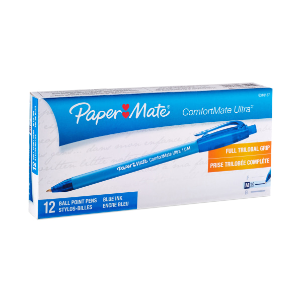 Paper Mate Comfortmate Ultra Retractable Ballpoint Pens Medium Point 1.0 mm Blue Barrel Blue Ink Pack Of 12
