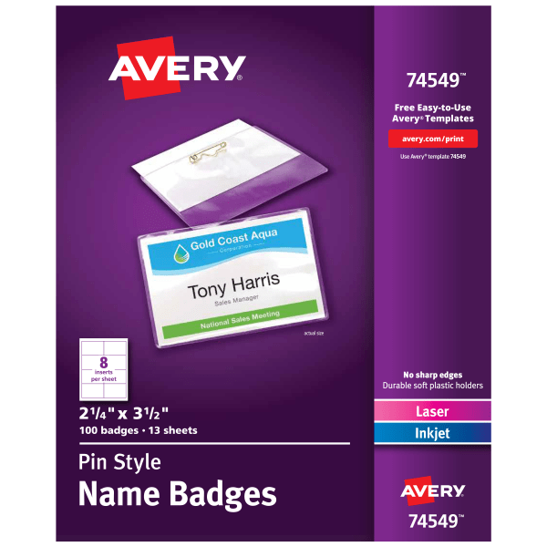 Avery® Customizable Name Badges With Clips, Rectangle, 74461