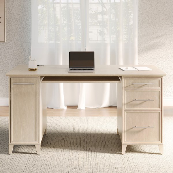 Realspace Koru 60 W Straight Computer Desk With Integrated Power Charging Natural Oak
