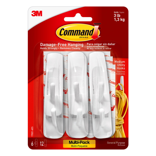Command Medium Utility Plastic Hooks 6 Command Hooks 12 Command Strips Damage Free White