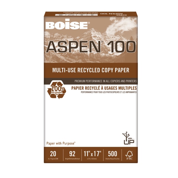 Boise&reg; ASPEN&reg; 100 Multi-Use Print &amp; Copy Paper, Ledger Size (11&quot; x 17&quot;), 92 (U.S.) Brightness, 20 Lb, 100% Recycled, FSC&reg; Certified, White, Ream Of 500 Sheets 697552
