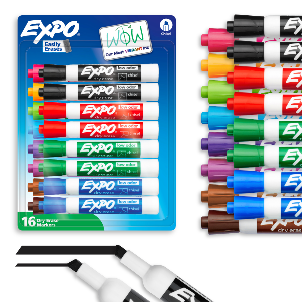 EXPO® Low-Odor Dry-Erase Markers, Chisel Point, Assorted Colors, Pack Of 16